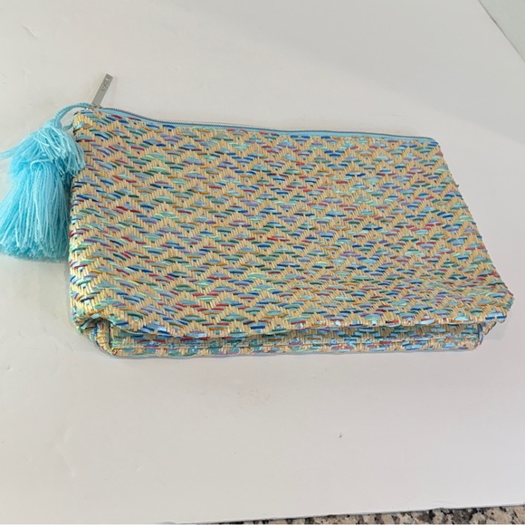 🆕 Lancome Luxe Woven Clutch – Aqua Tassel Zip Bag – Colorful Straw Weave 🆕 - Picture 2 of 16